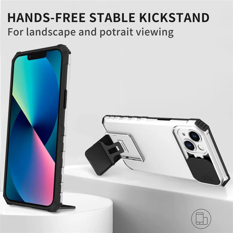 For iPhone 15 Plus Slide Camera Lid Phone Case PC+TPU Shockproof Cover with Kickstand - White