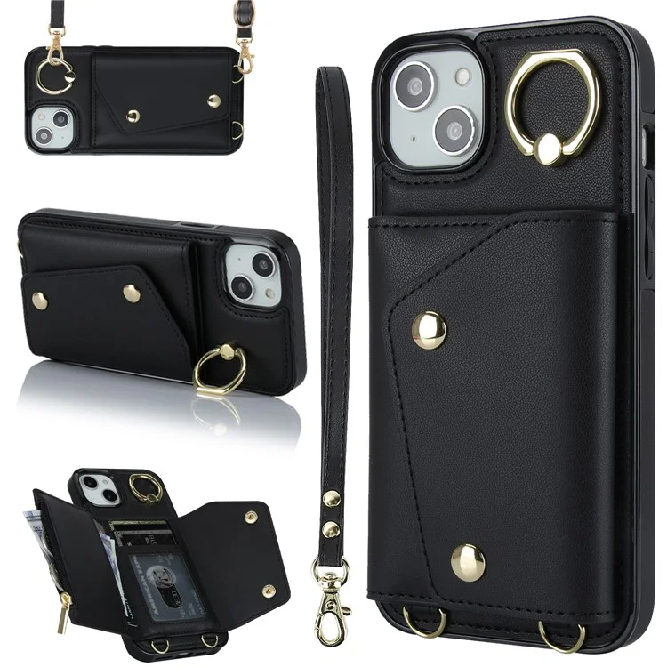 Para iPhone 15 Zipper Wallet Phone Case PU Leather+TPU Ring Kickstand Back Cover com 2 Alças - Preto