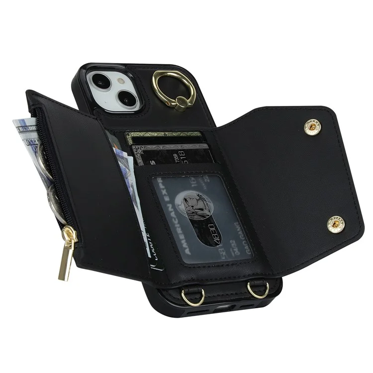Para iPhone 15 Zipper Wallet Phone Case PU Leather+TPU Ring Kickstand Back Cover com 2 Alças - Preto