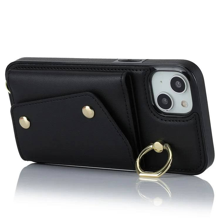 Para iPhone 15 Zipper Wallet Phone Case PU Leather+TPU Ring Kickstand Back Cover com 2 Alças - Preto
