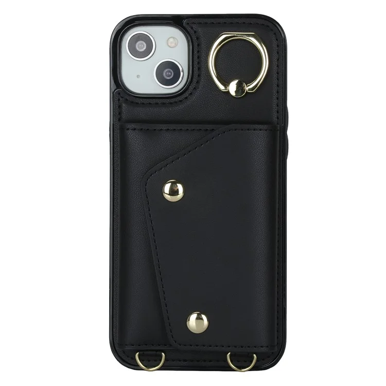 Para iPhone 15 Zipper Wallet Phone Case PU Leather+TPU Ring Kickstand Back Cover com 2 Alças - Preto