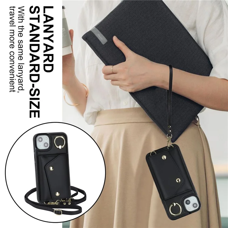 Para iPhone 15 Zipper Wallet Phone Case PU Leather+TPU Ring Kickstand Back Cover com 2 Alças - Preto