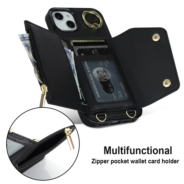 Para iPhone 15 Zipper Wallet Phone Case PU Leather+TPU Ring Kickstand Back Cover com 2 Alças - Preto