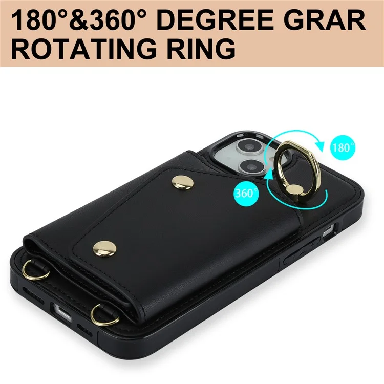 Para iPhone 15 Zipper Wallet Phone Case PU Leather+TPU Ring Kickstand Back Cover com 2 Alças - Preto