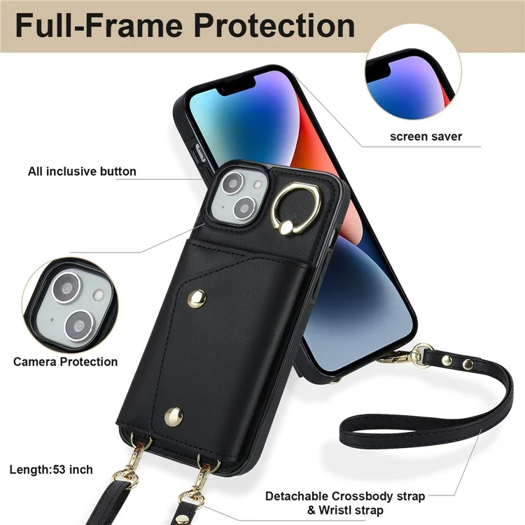 Para iPhone 15 Zipper Wallet Phone Case PU Leather+TPU Ring Kickstand Back Cover com 2 Alças - Preto