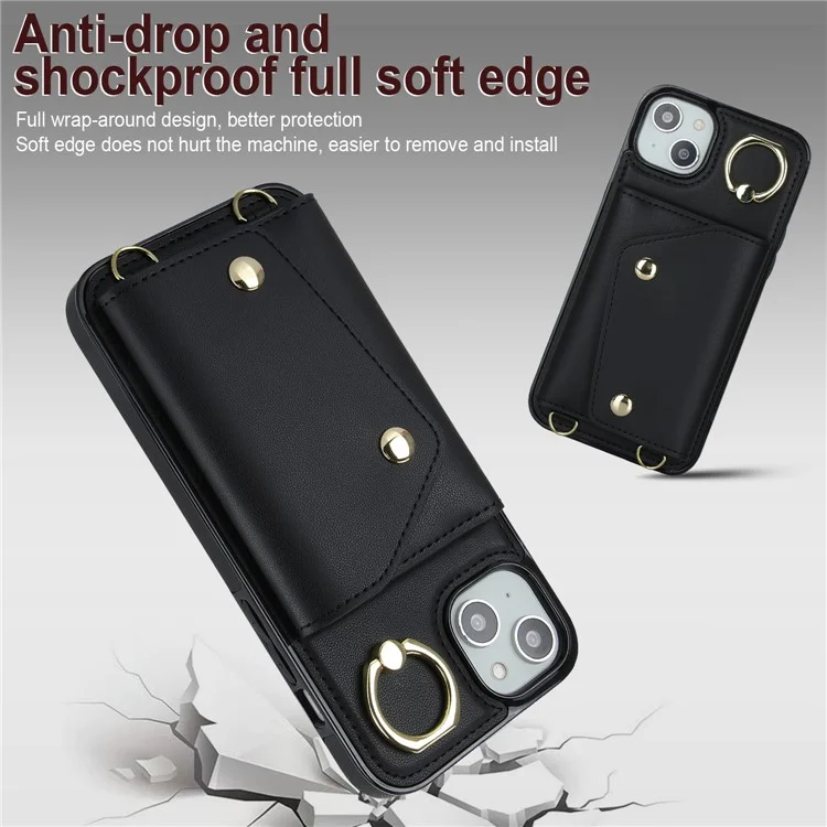 Para iPhone 15 Zipper Wallet Phone Case PU Leather+TPU Ring Kickstand Back Cover com 2 Alças - Preto