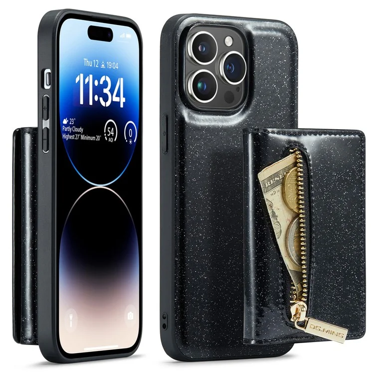 DG.MING M3 Series For iPhone 15 Pro Max Magnetic Detachable Cover Glittery Leather Coated PC+TPU Wallet Kickstand Phone Case - Black