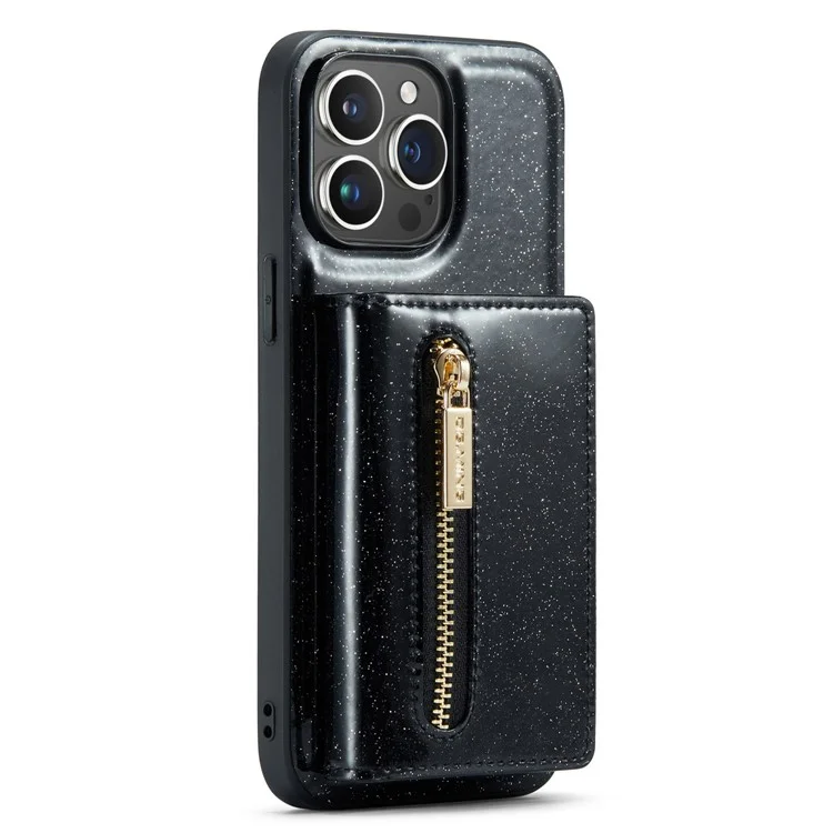 DG.MING M3 Series For iPhone 15 Pro Max Magnetic Detachable Cover Glittery Leather Coated PC+TPU Wallet Kickstand Phone Case - Black