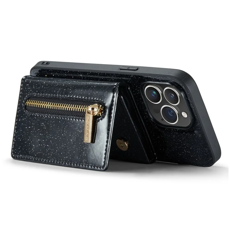 DG.MING M3 Series For iPhone 15 Pro Max Magnetic Detachable Cover Glittery Leather Coated PC+TPU Wallet Kickstand Phone Case - Black