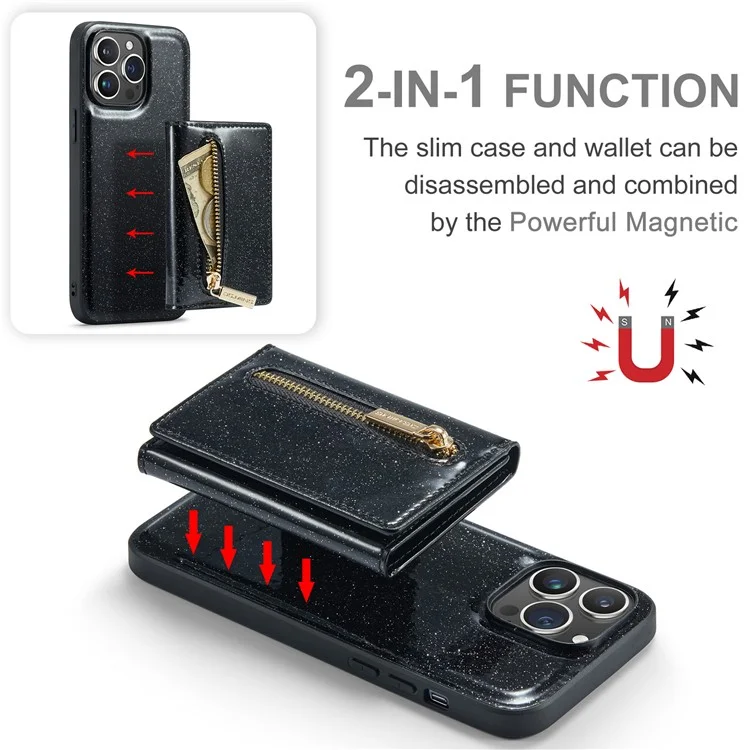 DG.MING M3 Series For iPhone 15 Pro Max Magnetic Detachable Cover Glittery Leather Coated PC+TPU Wallet Kickstand Phone Case - Black