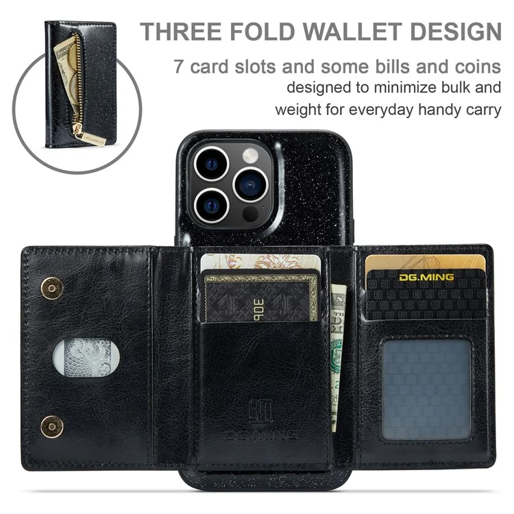 DG.MING M3 Series For iPhone 15 Pro Max Magnetic Detachable Cover Glittery Leather Coated PC+TPU Wallet Kickstand Phone Case - Black