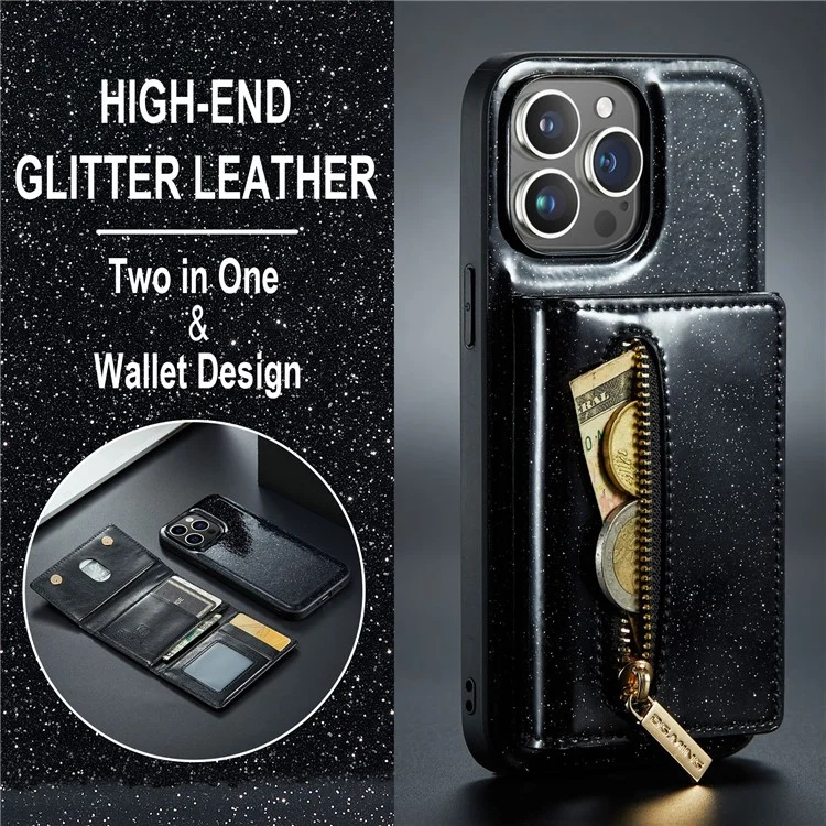 DG.MING M3 Series For iPhone 15 Pro Max Magnetic Detachable Cover Glittery Leather Coated PC+TPU Wallet Kickstand Phone Case - Black