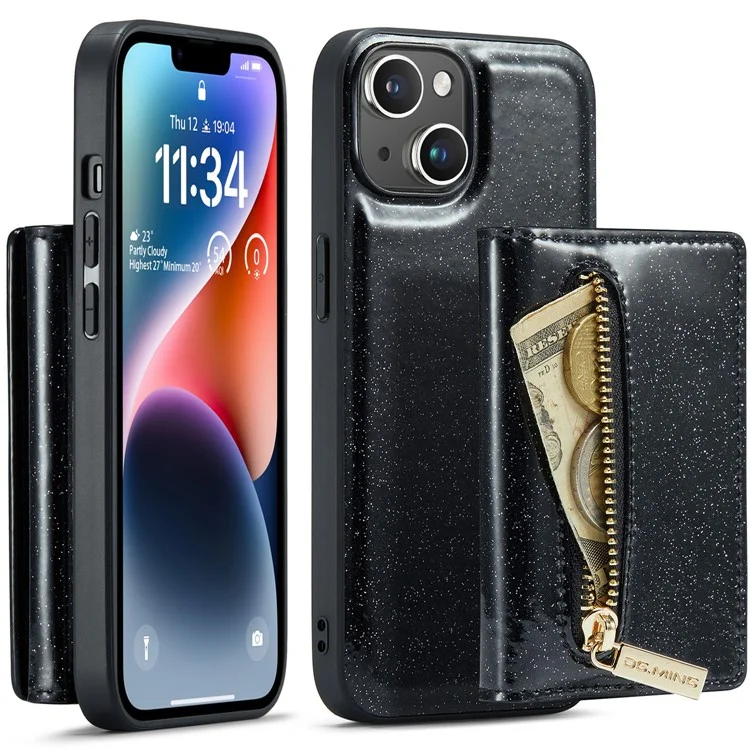 DG.MING M3 Series For iPhone 15 Detachable Magnetic Wallet Case Glittery Leather Coated PC+TPU Kickstand Phone Cover - Black