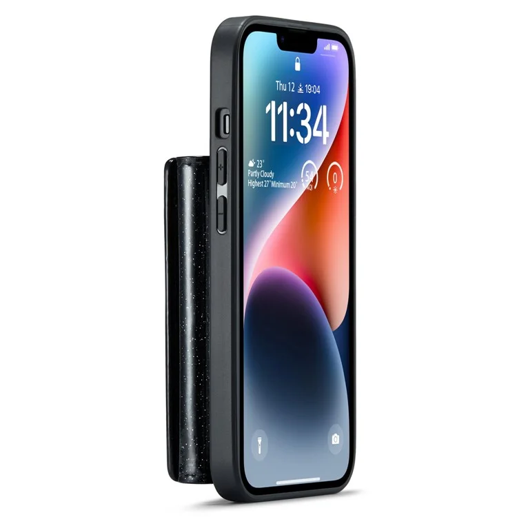 DG.MING M3 Series For iPhone 15 Detachable Magnetic Wallet Case Glittery Leather Coated PC+TPU Kickstand Phone Cover - Black
