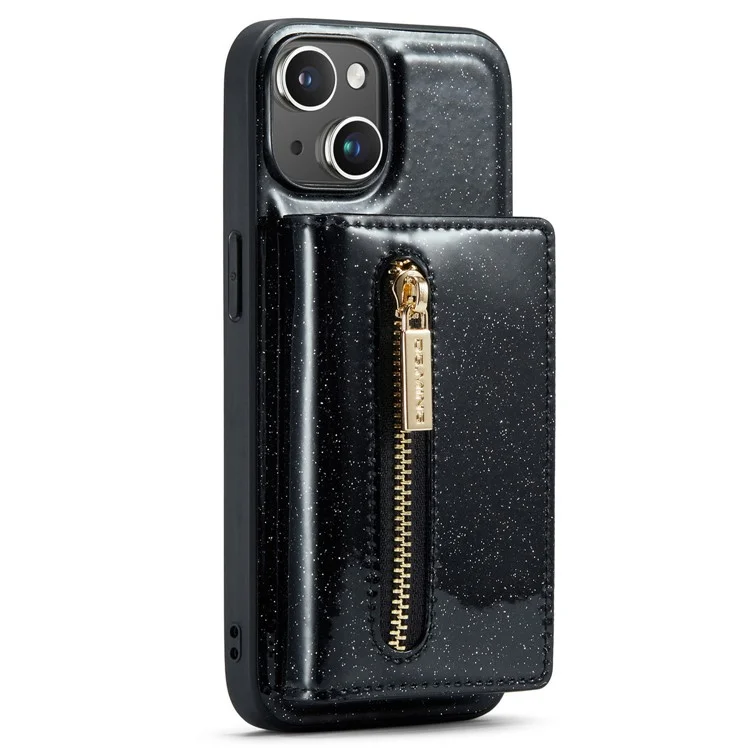 DG.MING M3 Series For iPhone 15 Detachable Magnetic Wallet Case Glittery Leather Coated PC+TPU Kickstand Phone Cover - Black