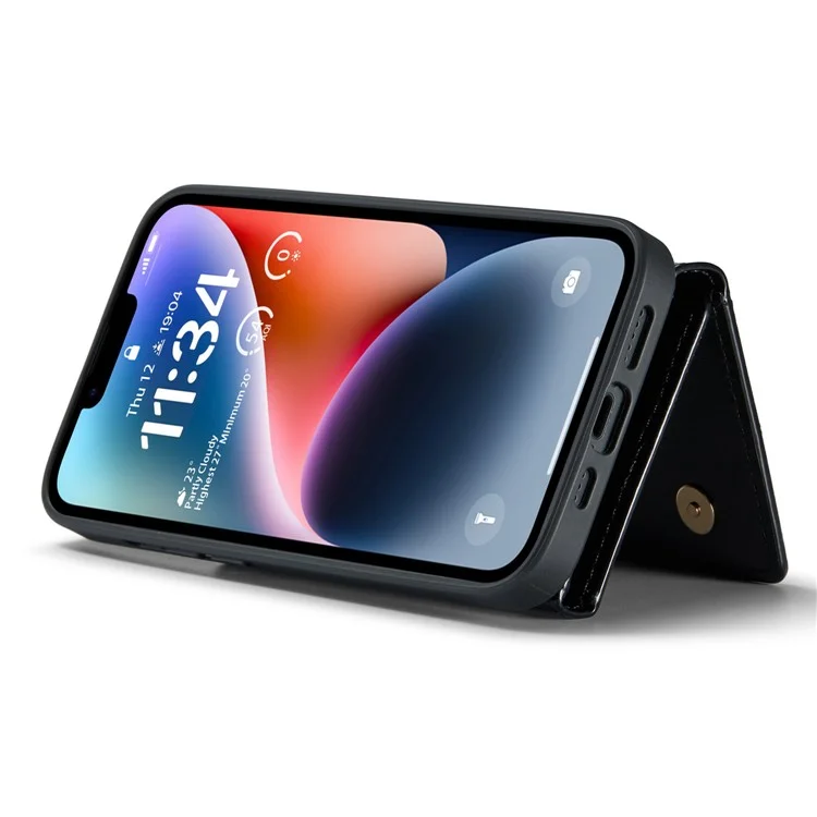 DG.MING M3 Series For iPhone 15 Detachable Magnetic Wallet Case Glittery Leather Coated PC+TPU Kickstand Phone Cover - Black