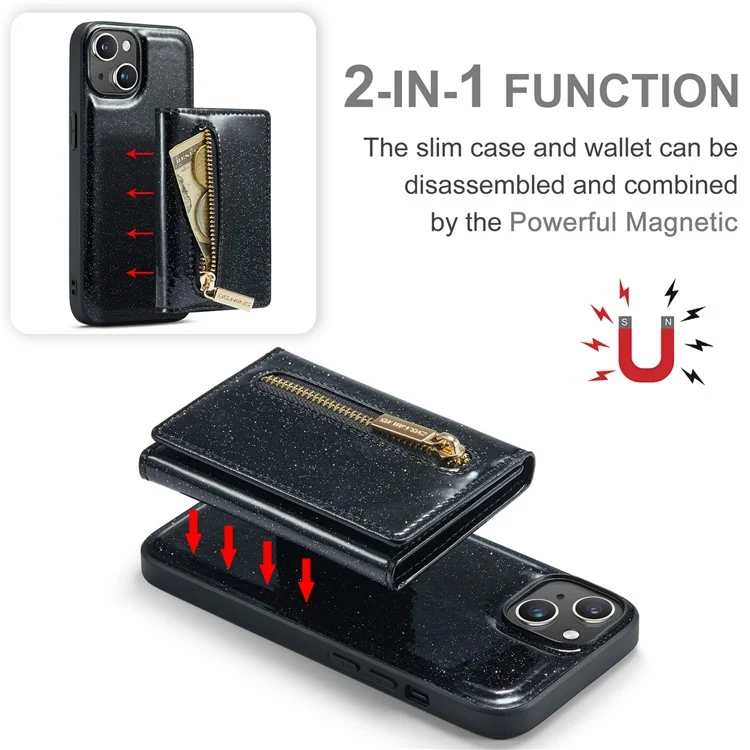 DG.MING M3 Series For iPhone 15 Detachable Magnetic Wallet Case Glittery Leather Coated PC+TPU Kickstand Phone Cover - Black
