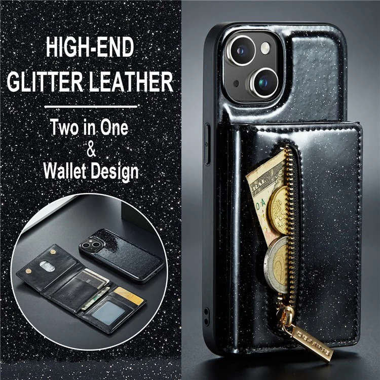 DG.MING M3 Series For iPhone 15 Detachable Magnetic Wallet Case Glittery Leather Coated PC+TPU Kickstand Phone Cover - Black