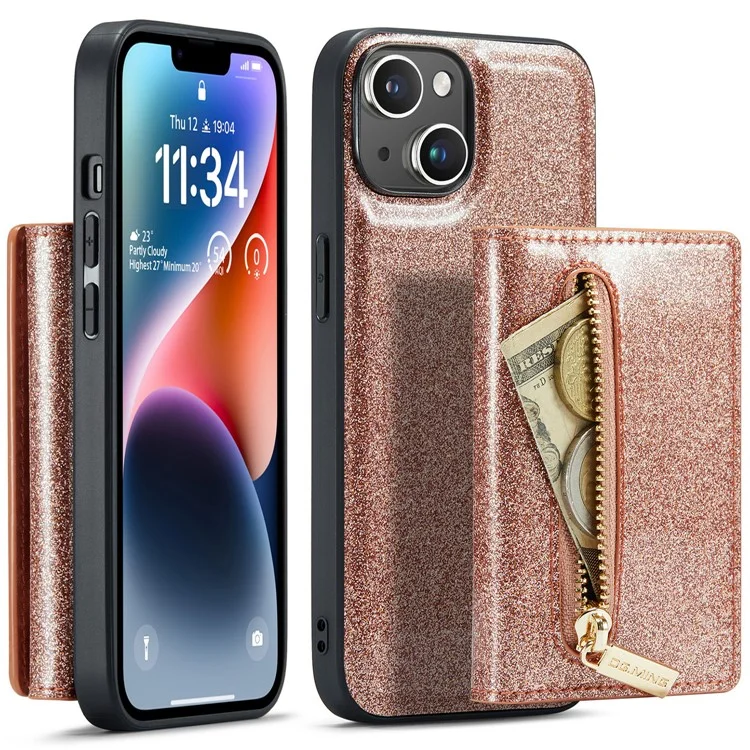 DG.MING M3 Series Para iPhone 15 Plus Kickstand Wallet Case Glittery Leather Coated PC+TPU Destacável Capa Magnética de Telefone - Rose Gold