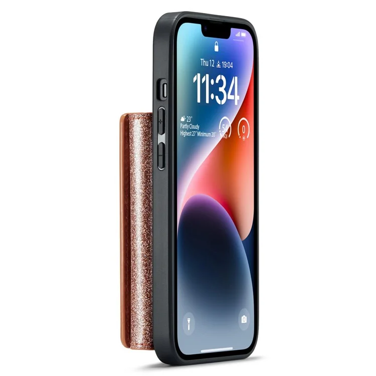 DG.MING M3 Series Para iPhone 15 Plus Kickstand Wallet Case Glittery Leather Coated PC+TPU Destacável Capa Magnética de Telefone - Rose Gold