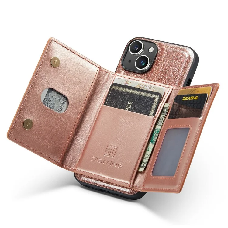 DG.MING M3 Series Para iPhone 15 Plus Kickstand Wallet Case Glittery Leather Coated PC+TPU Destacável Capa Magnética de Telefone - Rose Gold