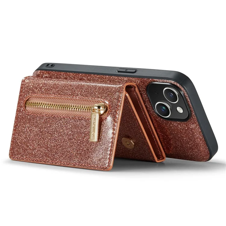 DG.MING M3 Series Para iPhone 15 Plus Kickstand Wallet Case Glittery Leather Coated PC+TPU Destacável Capa Magnética de Telefone - Rose Gold