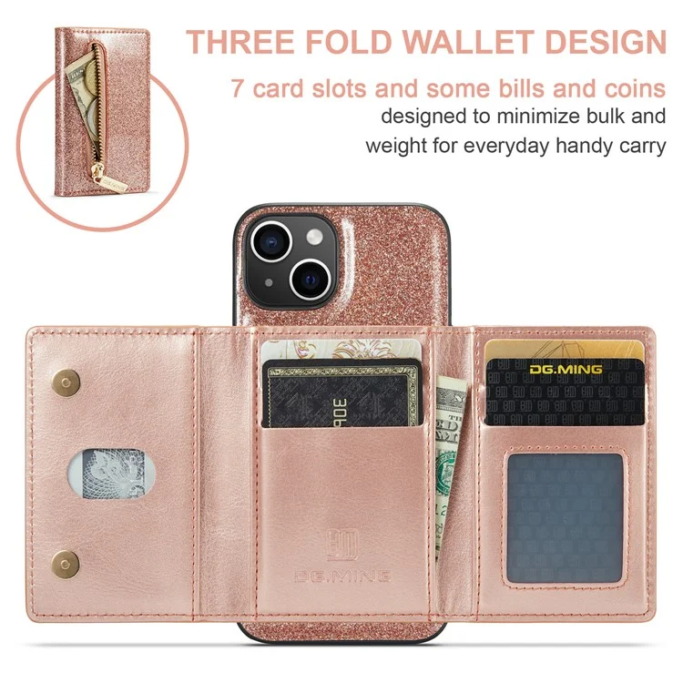 DG.MING M3 Series Para iPhone 15 Plus Kickstand Wallet Case Glittery Leather Coated PC+TPU Destacável Capa Magnética de Telefone - Rose Gold