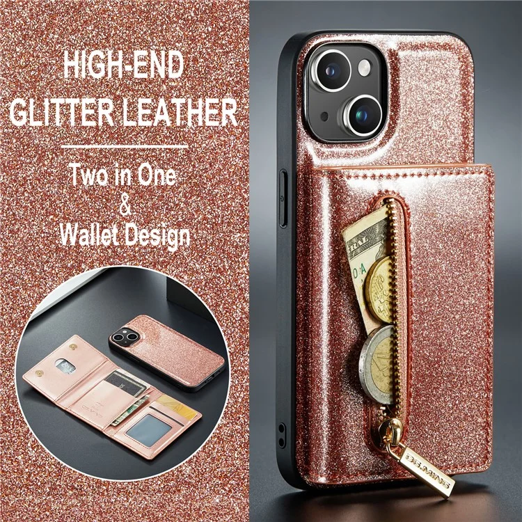 DG.MING M3 Series Para iPhone 15 Plus Kickstand Wallet Case Glittery Leather Coated PC+TPU Destacável Capa Magnética de Telefone - Rose Gold