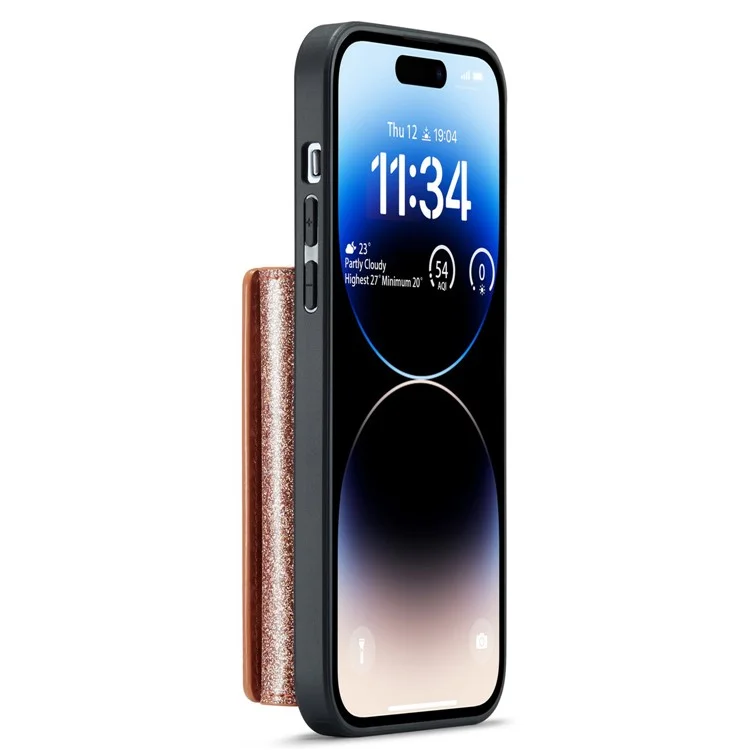 DG.MING M3 Series For iPhone 15 Pro Kickstand Cover Glittery Leather Coated PC+TPU Detachable Wallet Phone Case - Rose Gold