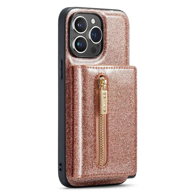 DG.MING M3 Series For iPhone 15 Pro Kickstand Cover Glittery Leather Coated PC+TPU Detachable Wallet Phone Case - Rose Gold