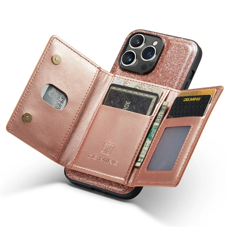 DG.MING M3 Series For iPhone 15 Pro Kickstand Cover Glittery Leather Coated PC+TPU Detachable Wallet Phone Case - Rose Gold