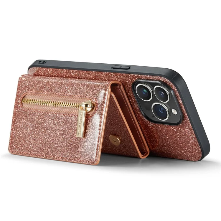 DG.MING M3 Series For iPhone 15 Pro Kickstand Cover Glittery Leather Coated PC+TPU Detachable Wallet Phone Case - Rose Gold