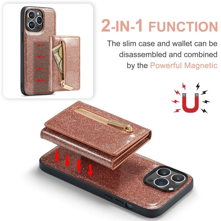 DG.MING M3 Series For iPhone 15 Pro Kickstand Cover Glittery Leather Coated PC+TPU Detachable Wallet Phone Case - Rose Gold