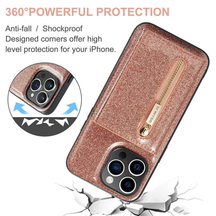 DG.MING M3 Series For iPhone 15 Pro Kickstand Cover Glittery Leather Coated PC+TPU Detachable Wallet Phone Case - Rose Gold