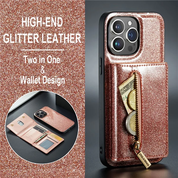 DG.MING M3 Series For iPhone 15 Pro Kickstand Cover Glittery Leather Coated PC+TPU Detachable Wallet Phone Case - Rose Gold
