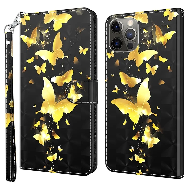 Wallet Case for iPhone 15 Pro , 3D Pattern Printing PU Leather Stand Phone Cover with Strap - Golden Butterflies