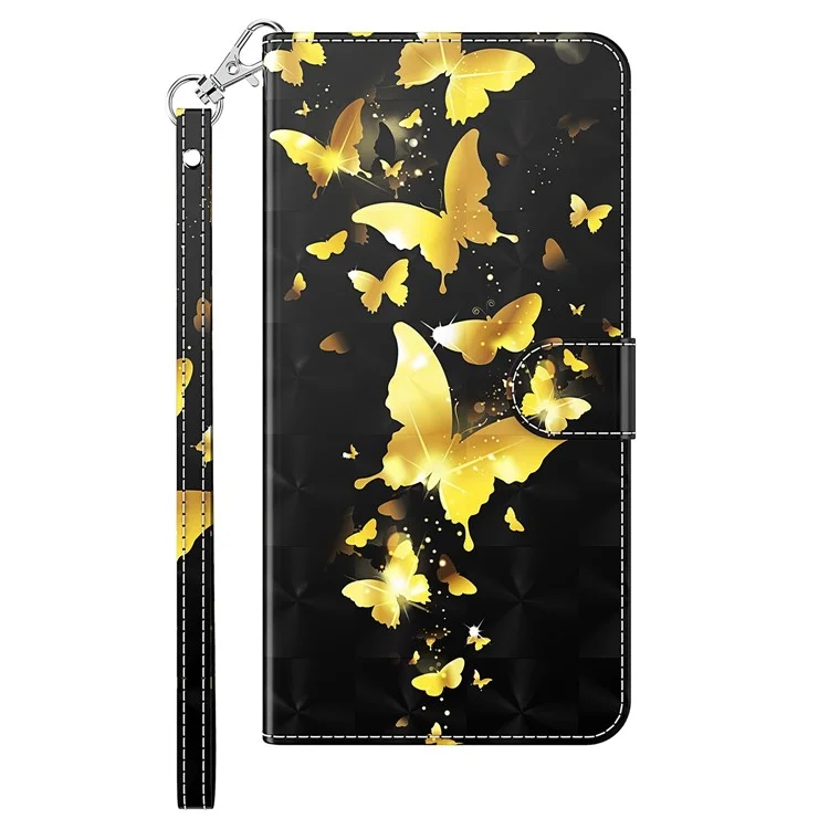 Wallet Case for iPhone 15 Pro , 3D Pattern Printing PU Leather Stand Phone Cover with Strap - Golden Butterflies