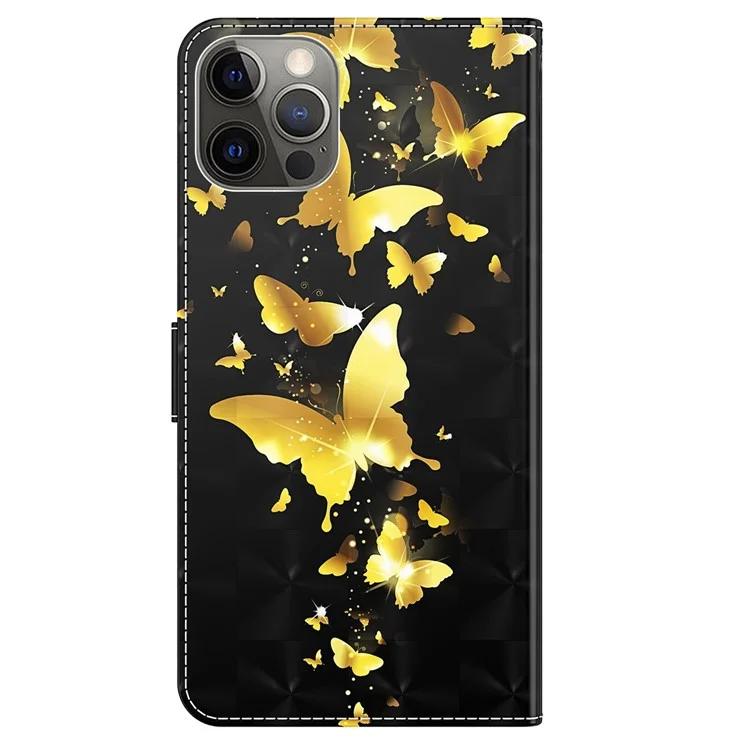 Wallet Case for iPhone 15 Pro , 3D Pattern Printing PU Leather Stand Phone Cover with Strap - Golden Butterflies