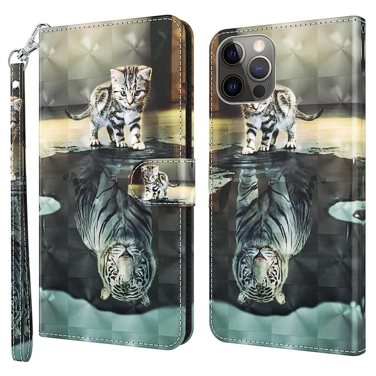 PU Leather Flip Cover for iPhone 15 Pro Max , Wallet Stand 3D Pattern Printing Phone Case with Strap - Cat and Tiger