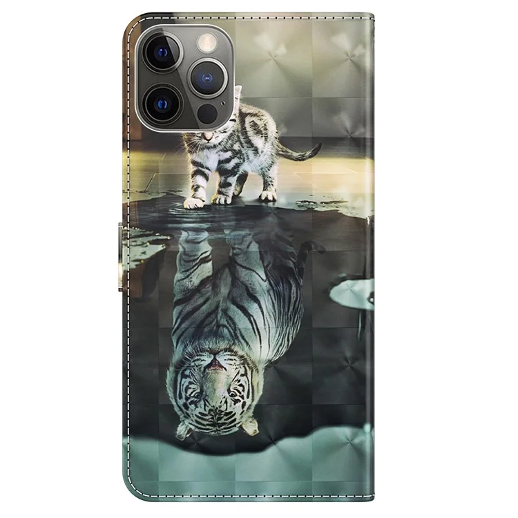PU Leather Flip Cover for iPhone 15 Pro Max , Wallet Stand 3D Pattern Printing Phone Case with Strap - Cat and Tiger