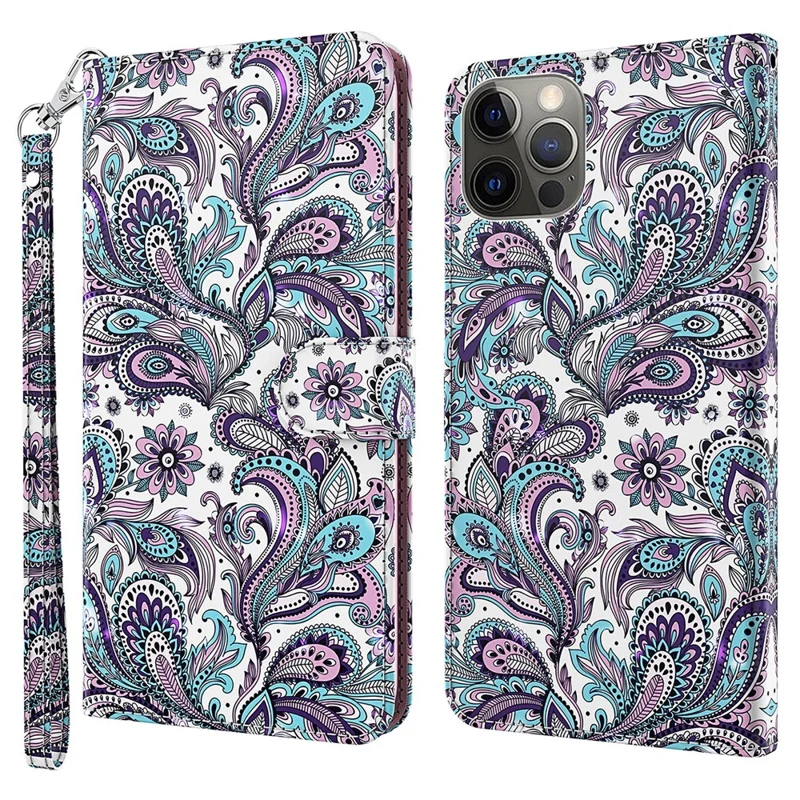For iPhone 15 3D Pattern Printing Flip Case PU Leather Wallet Stand Phone Cover with Strap - Impatiens