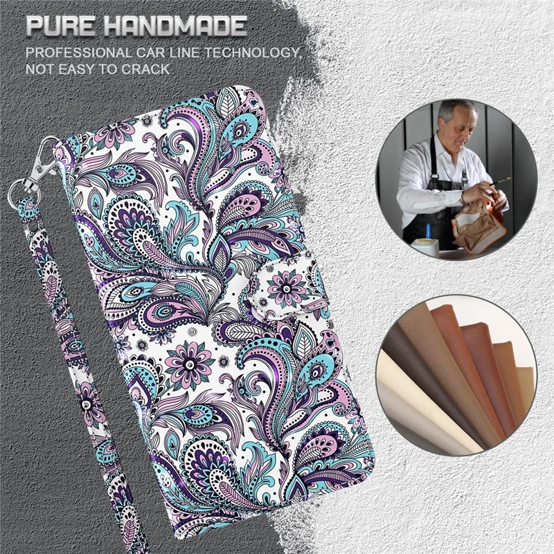 For iPhone 15 3D Pattern Printing Flip Case PU Leather Wallet Stand Phone Cover with Strap - Impatiens