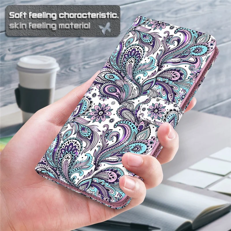 For iPhone 15 3D Pattern Printing Flip Case PU Leather Wallet Stand Phone Cover with Strap - Impatiens