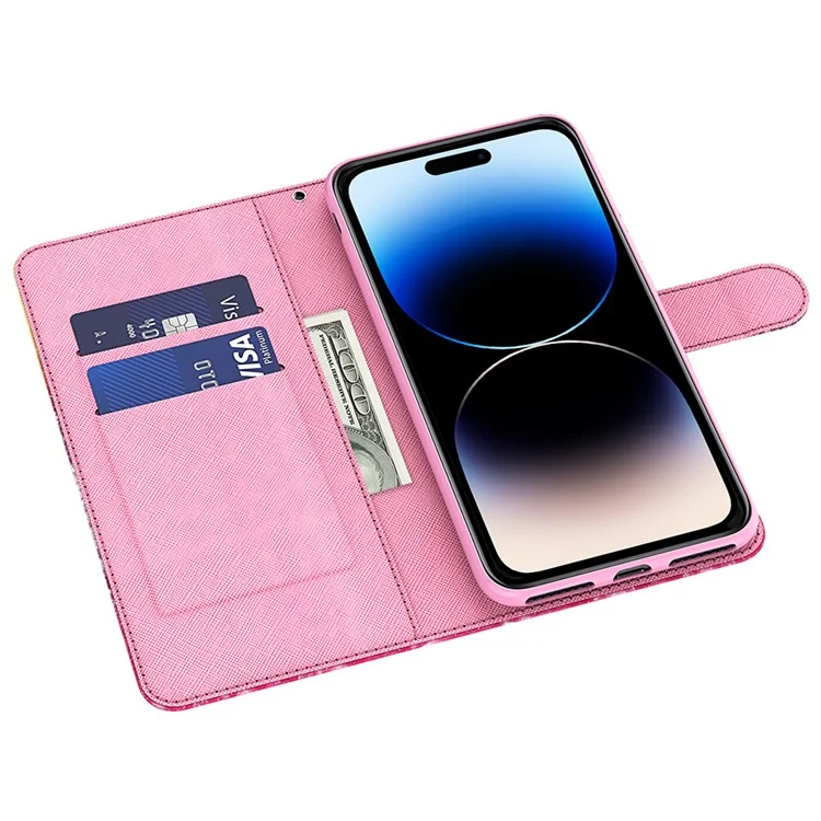 Pour iPhone 15 Étui à rabat avec impression 3D Étui en cuir PU avec support Couverture de téléphone avec sangle - Wish Tree