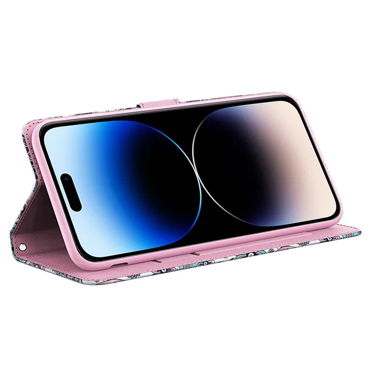 Pour iPhone 15 Étui à rabat avec impression 3D Étui en cuir PU avec support Couverture de téléphone avec sangle - Wish Tree