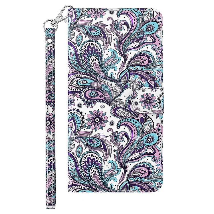Para iPhone 15 Plus Stand Feature Flip Case PU Leather 3D Pattern Printing Wallet Phone Cover with Strap - Impatiens