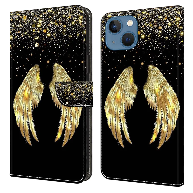 For iPhone 15 Wallet Case 3D Pattern Printing PU Leather Stand Flip Phone Cover - Gold Wing
