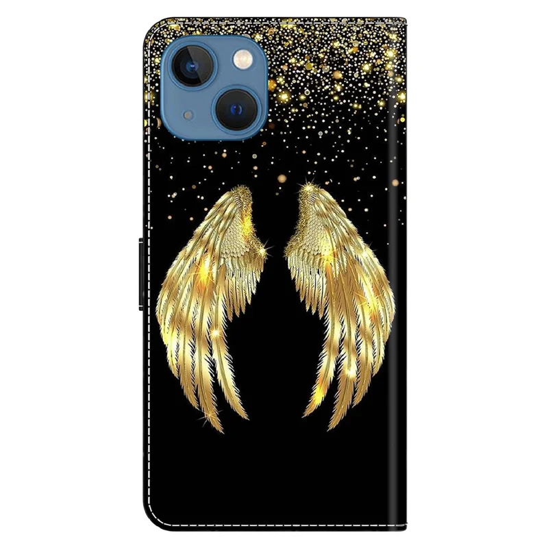 For iPhone 15 Wallet Case 3D Pattern Printing PU Leather Stand Flip Phone Cover - Gold Wing