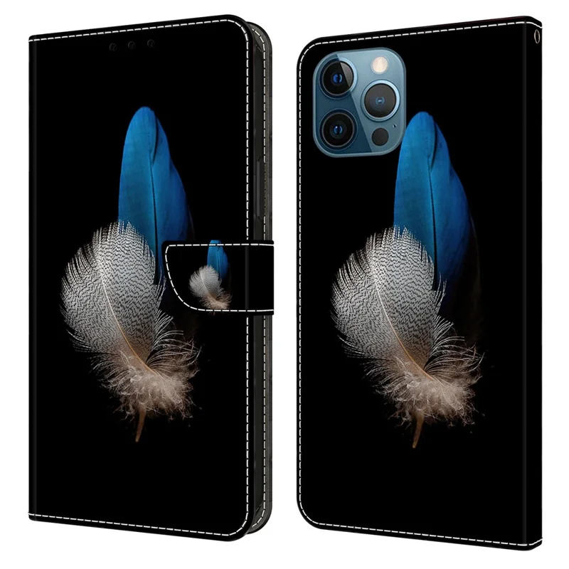 For iPhone 15 Pro PU Leather Phone Case 3D Pattern Printing Wallet Stand Protective Cover - Two Feathers