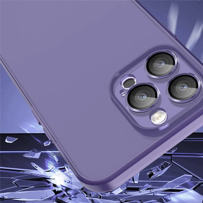 For iPhone 15 Plus Shockproof Phone Case PC+TPU Translucent Matte Cover with Glass Lens Film - Dark Purple